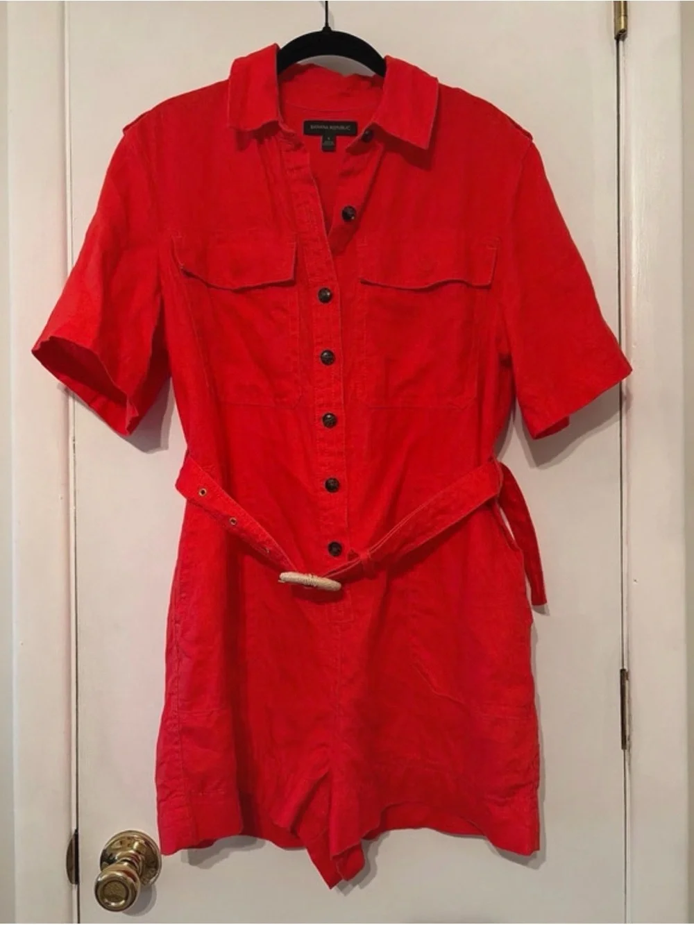 Banana Republic Red Short-Sleeve Button Romper with Self-Tie Belt